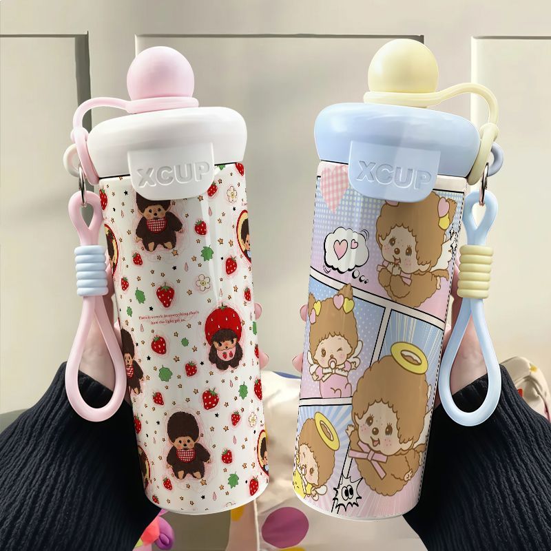 Stainless Steel Straw - แก้วเก็บความเย็นสแตนเลสลายกราฟฟิตี้น่ารัก Monchhichi พร้อมหลอดบอลลอยน้ำ ความจุขนาดใหญ่ พกพาสะดวกสำหรับใส่กาแฟและน้ำ